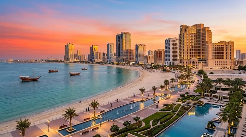 Ajman corniche and beachfront at sunset